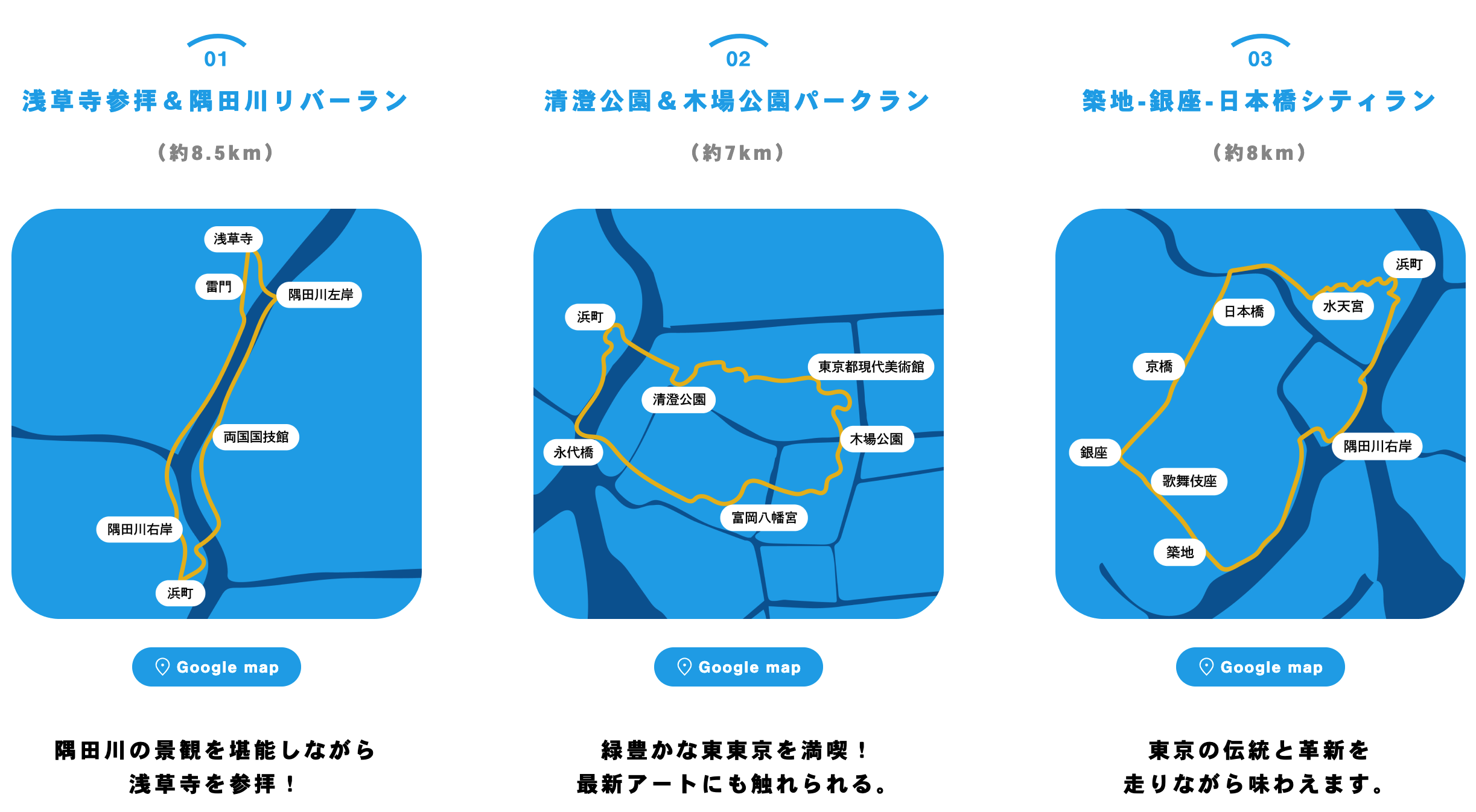 「ととけん」のおすすめする周辺ランニングコース。どれも10km以内なので、初心者にもおすすめ。