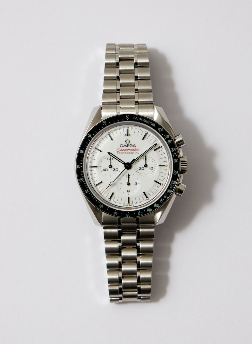 The white dial, a first for the Moonwatch, is inspired by space suits. The bezel also features a 