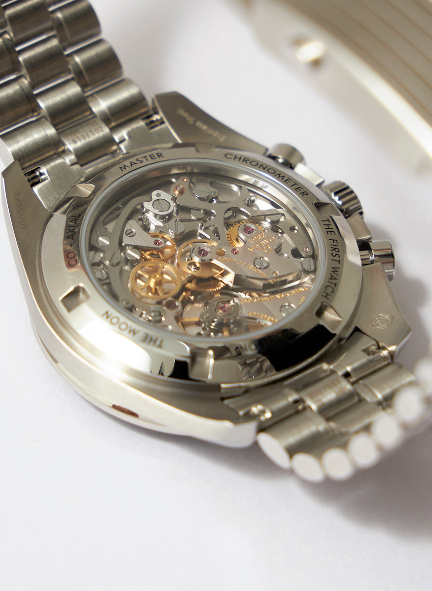 Visible through the see-through case back is the Co-Axial Master Chronometer Caliber 3861, an updated version of the Caliber 321 once relied upon by astronauts.