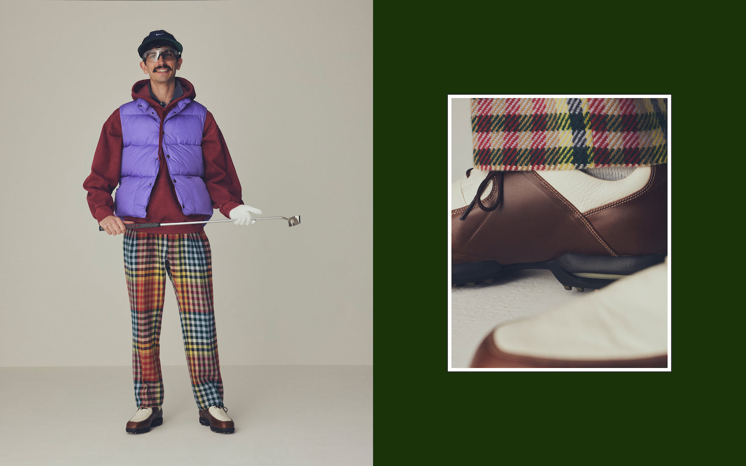 〈ノア〉ベスト ¥63,800（ノア クラブハウス Tel. 03-5413-5030）、〈カーハート WIP〉フーディー ¥26,400（カーハート WIP シブヤ Tel. 03-3770-9810）、〈ニート〉パンツ ¥154,000（にしのや Tel. 03-6434-0983）、〈オークリー〉サングラス ¥43,230（ルックスオティカジャパン カスタマーサービス Tel. 0120-990-307）、〈ヴィンテージ〉シューズ ¥19,800、ポロシャツ 参考価格、サンバイザー 参考価格（ともにthe Divot STORE https://thedivot.tokyo）、〈タイトリスト〉パター ¥60,500（アクシネット ジャパン インク Tel. 0120-935-325）