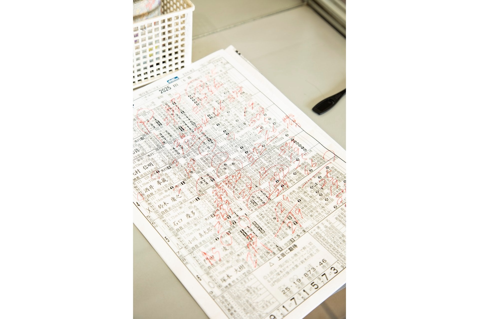 真っ赤になるほど書き込まれた予想屋の競輪新聞。この道30年、プロの勝負師の思考とその本気度を垣間見る。