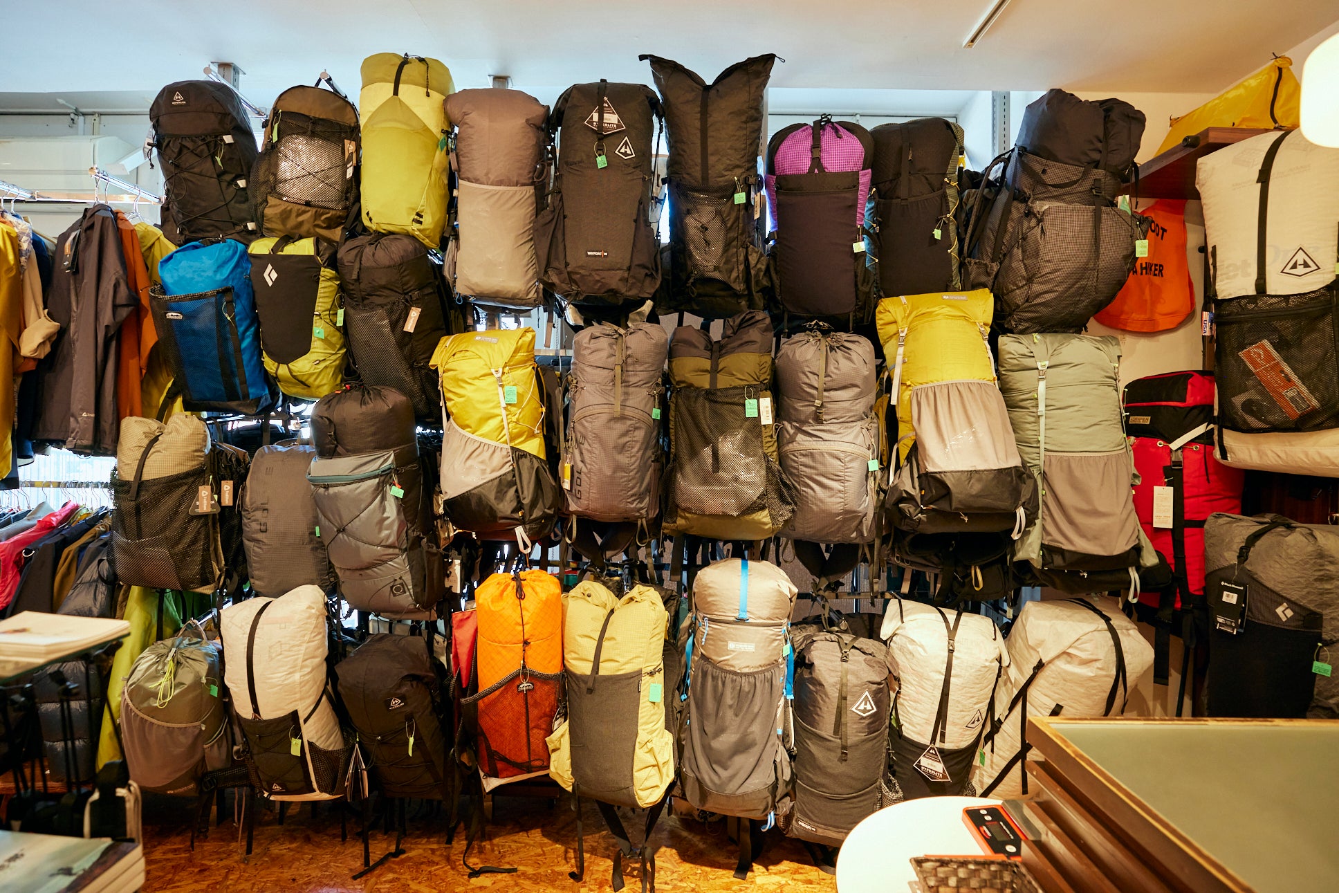 The walls are filled with surprisingly light backpacks, available in a variety of capacities, designs, and price ranges.