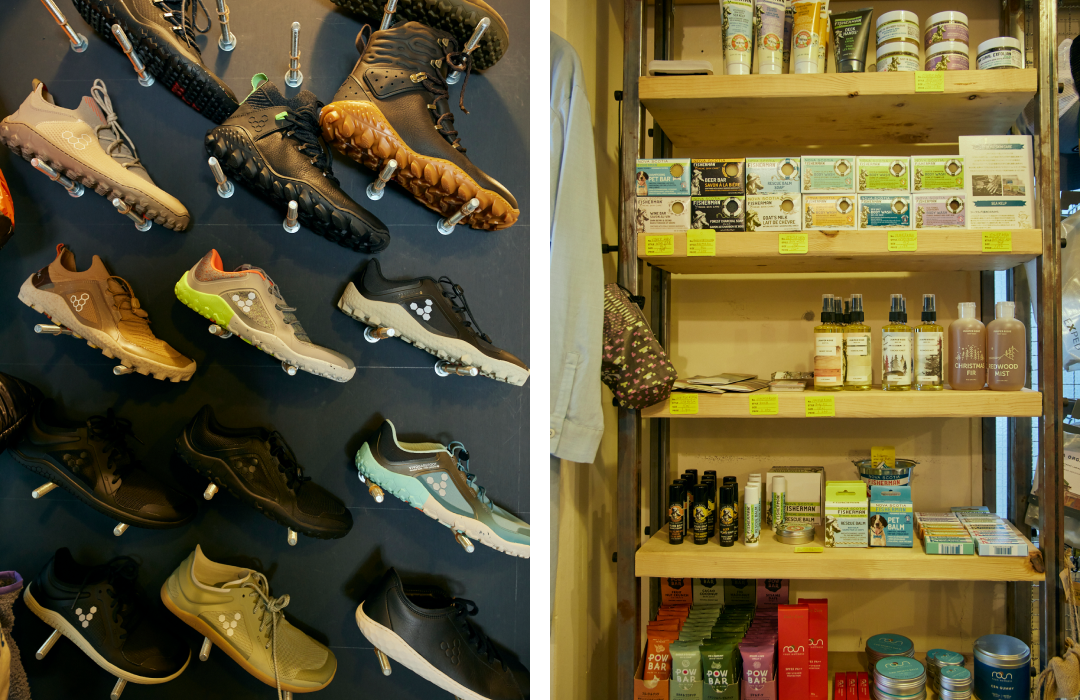 Left: Shoes from Bibo Barefoot, which is distributed by Moonlight Gear's parent company, NOMADICS. They are becoming increasingly popular as street wear. Right: They also have a wide selection of organic body care products. Even in the mountains, you want to keep your body as clean as possible.